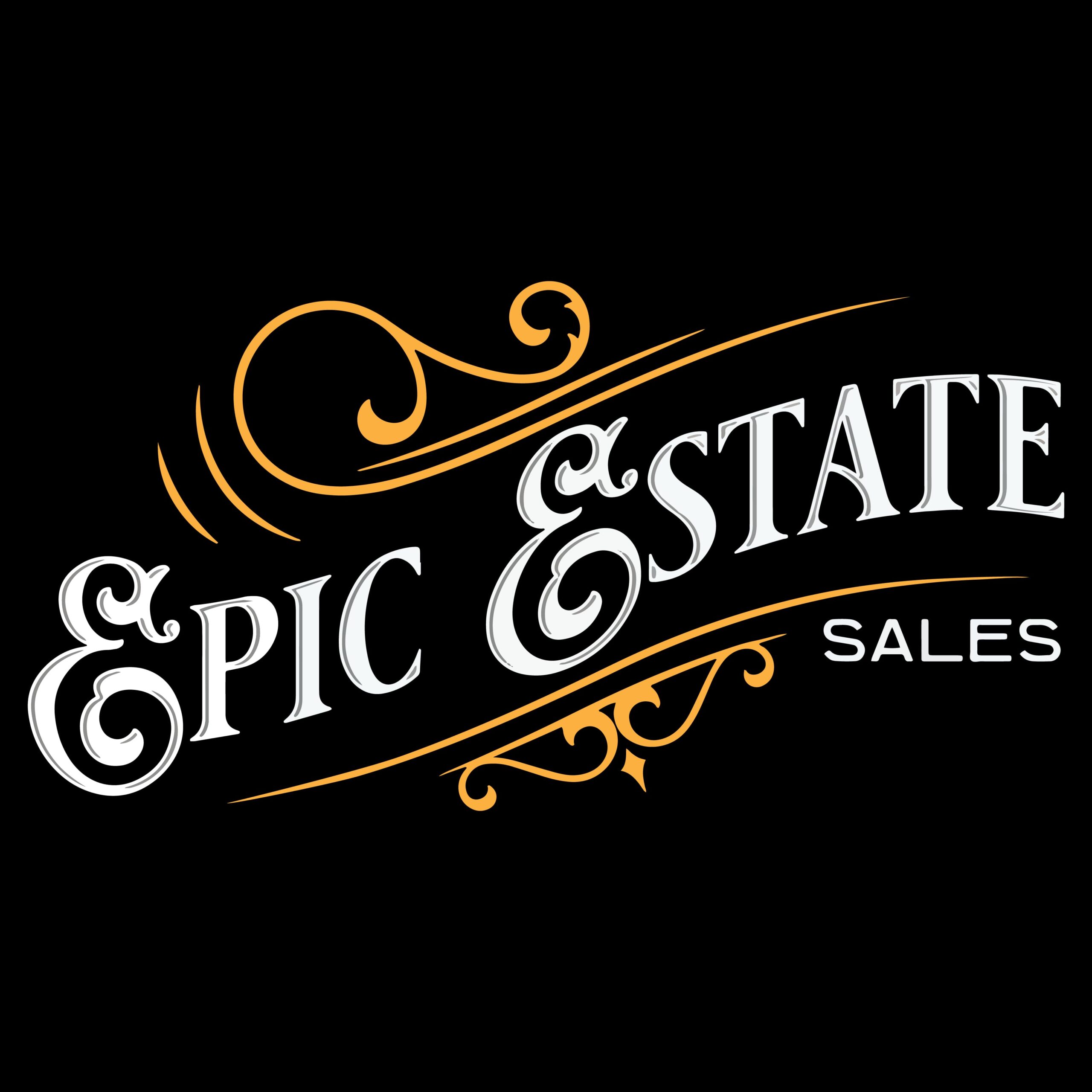 Logo for Epic Estate Sales, estate liquidator in Hutchinson, KS, featuring ornate gold accents and elegant vintage lettering on a black background.